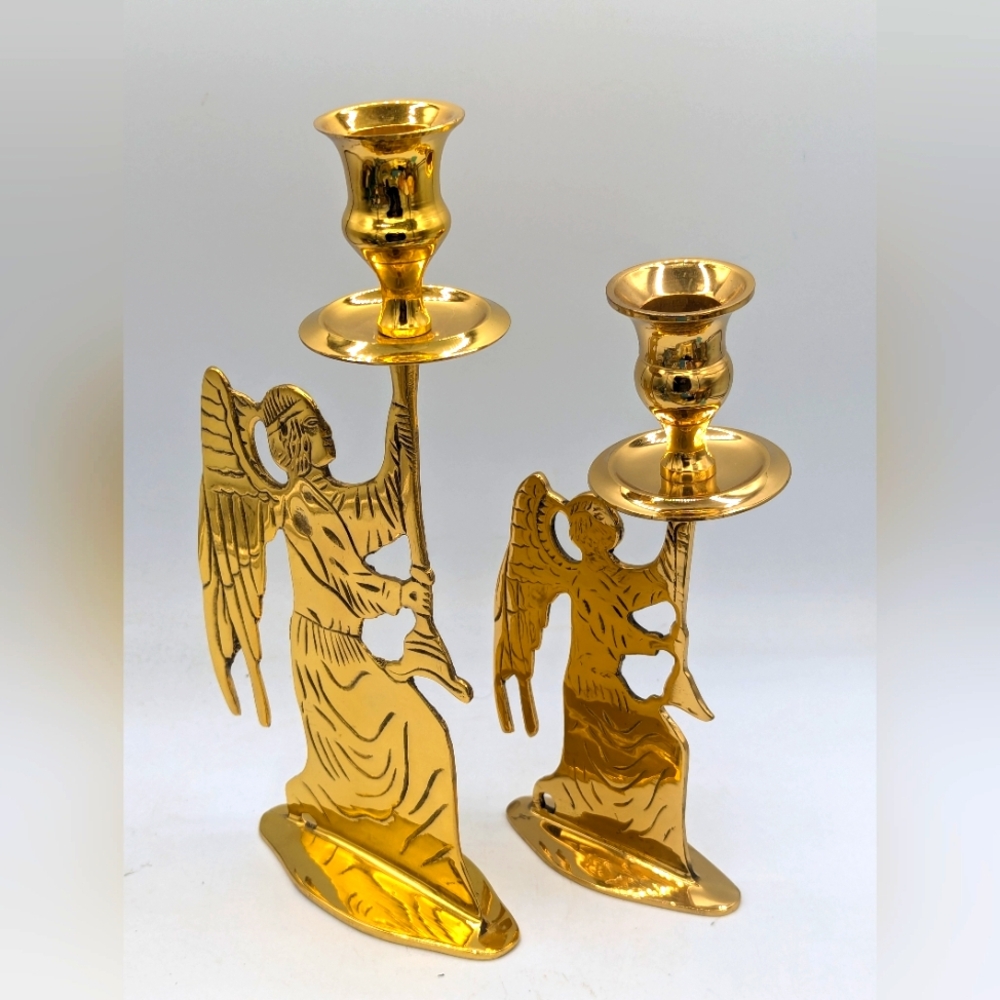 Vintage Mid Century Brass Graduated Candlesticks Angels Flat 11” and 9" Tall 